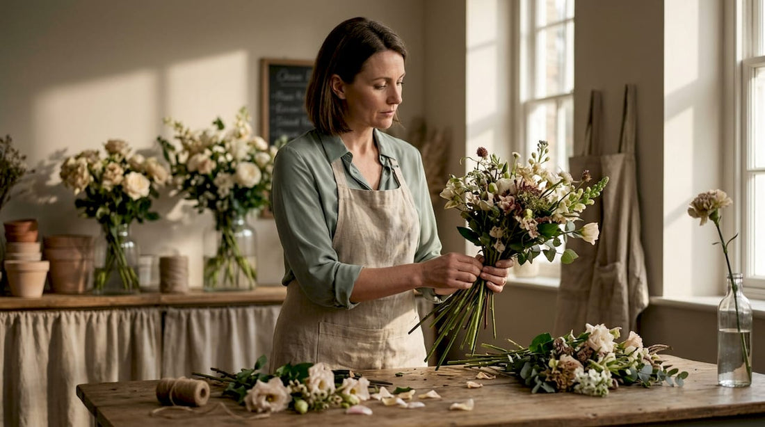 Florist arranging bouquet in sunlit studio