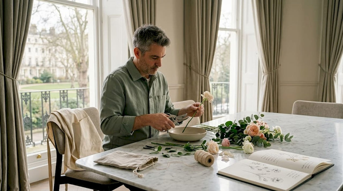 Florist preparing luxury flower arrangement at home table