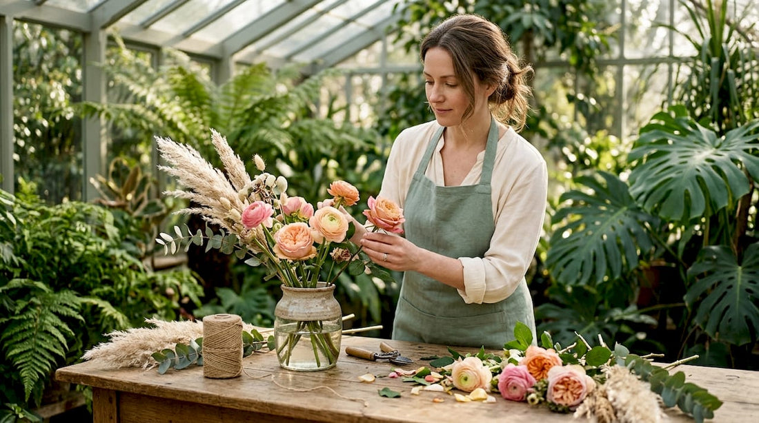 Designer creating luxury floral arrangement at home