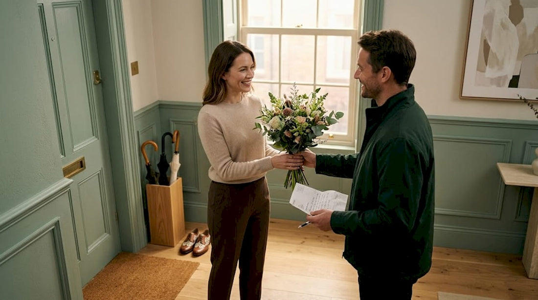 Woman receiving thank you bouquet at home entryway