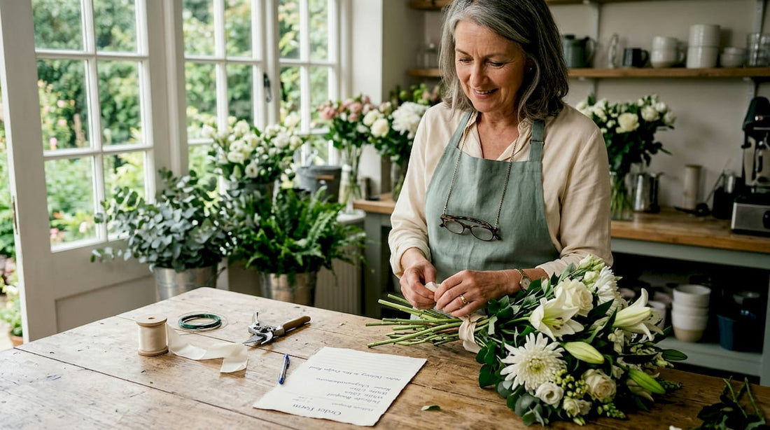 Florist arranging condolence flowers bouquet at worktable