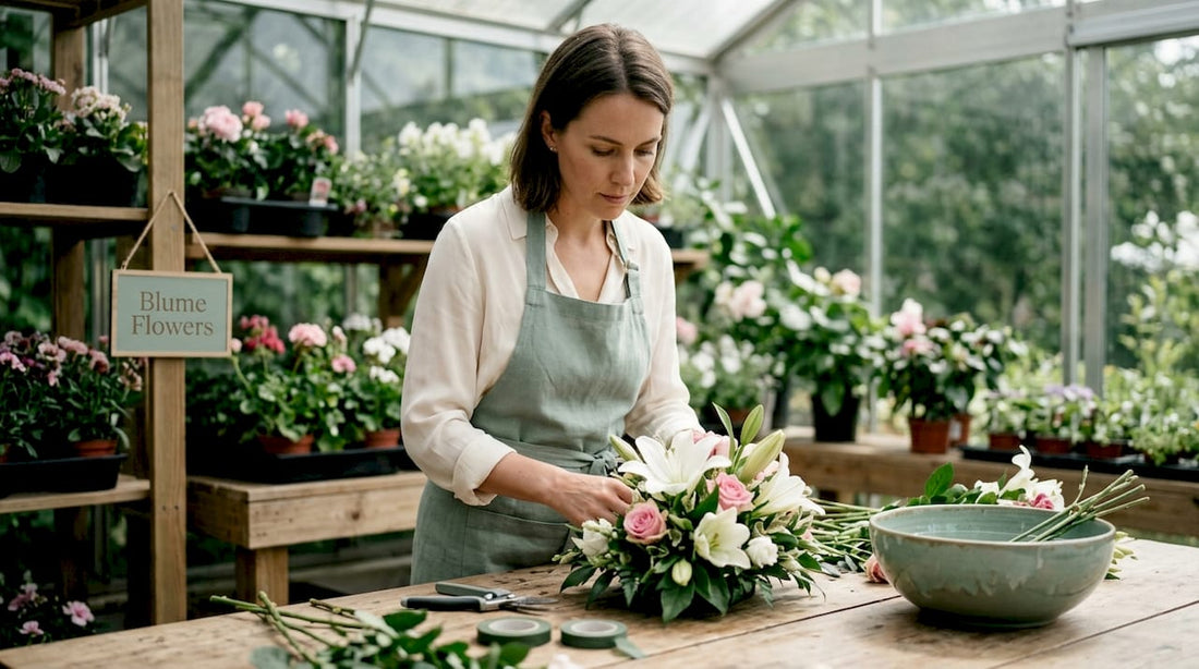 Florist arranging sympathy flower tribute in studio