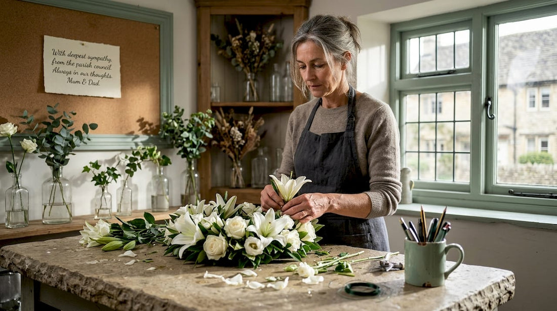 Florist assembling large sympathy wreath in shop