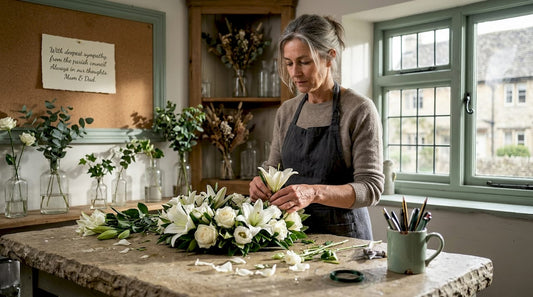 Florist assembling large sympathy wreath in shop