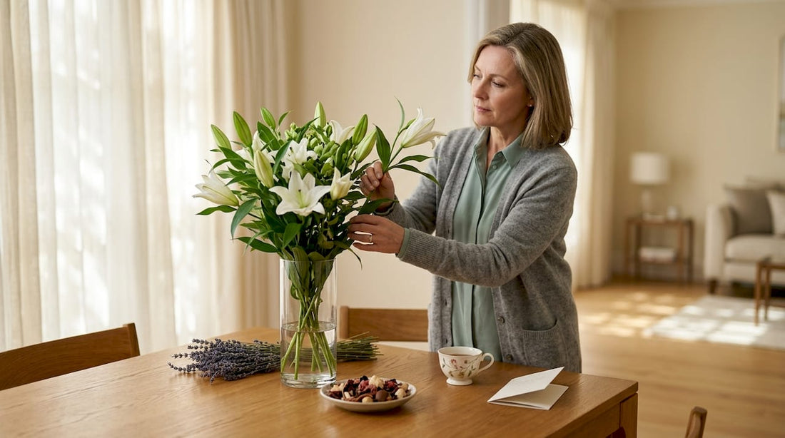 Placing sympathy bouquet in a vase at home