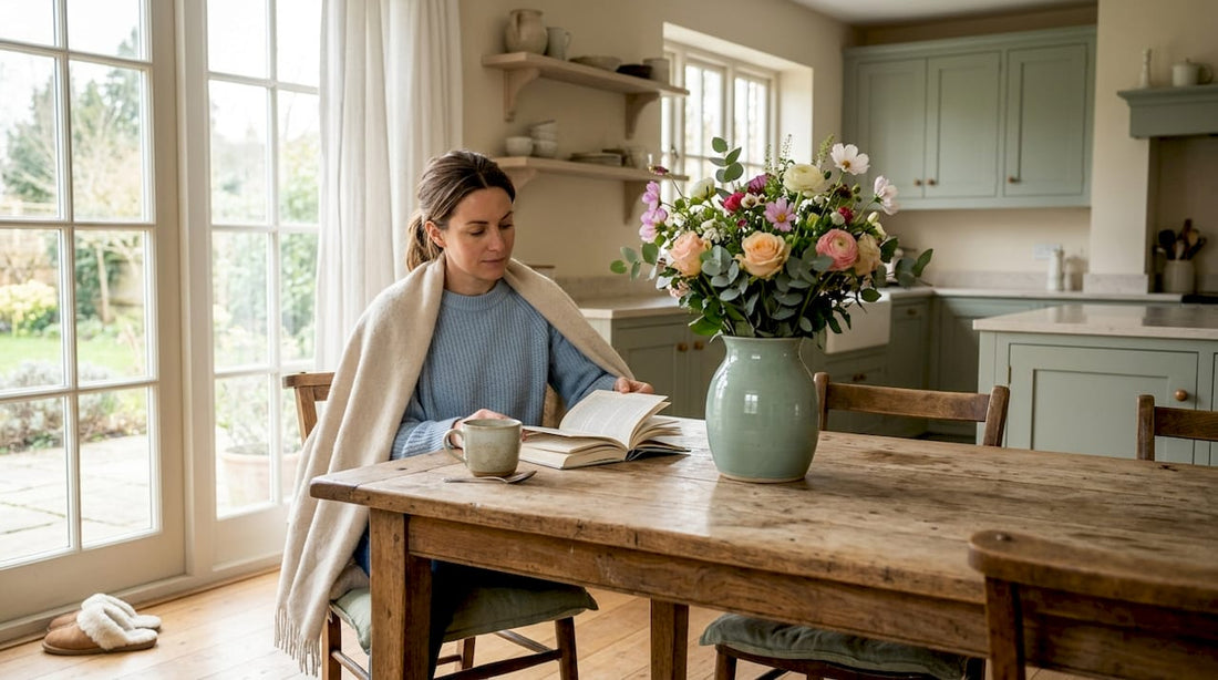 Woman reading near bouquet on coffee table