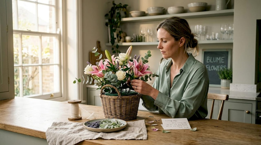 Woman arranging flowers in wicker basket at kitchen table