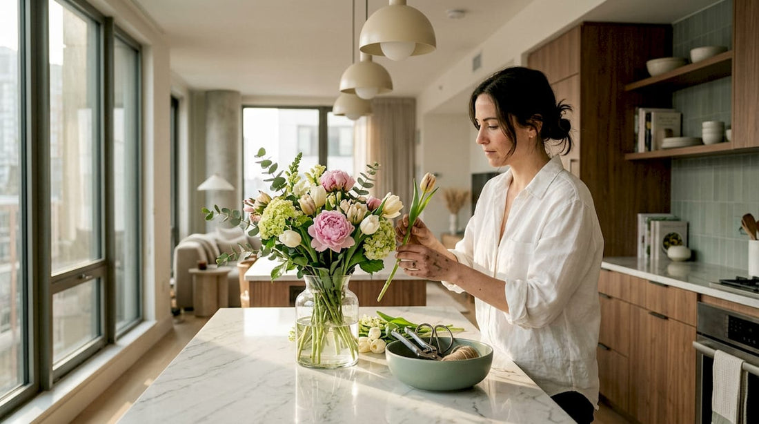 Woman arranging seasonal flower bouquet