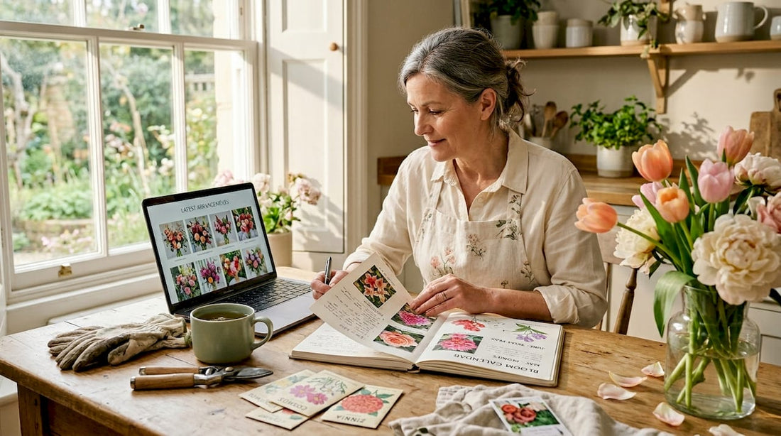 Florist planning flower selection at home