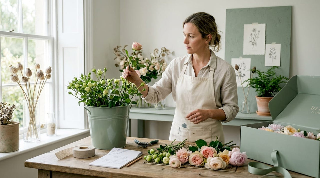 Florist preparing luxury bouquet at studio workbench