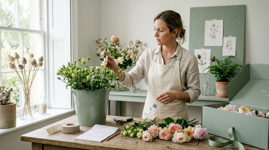 Florist preparing luxury bouquet at studio workbench