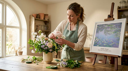 Florist arranging art-inspired flower bouquet