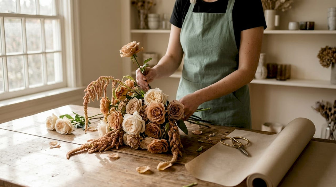 Florist arranging modern luxury floral bouquet