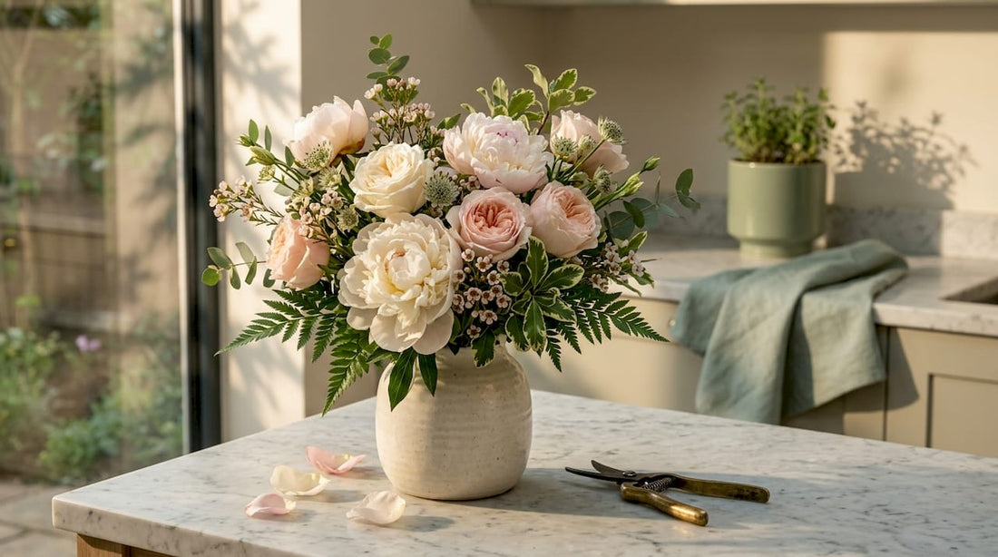 Close-up of mixed bloom bouquet on kitchen table