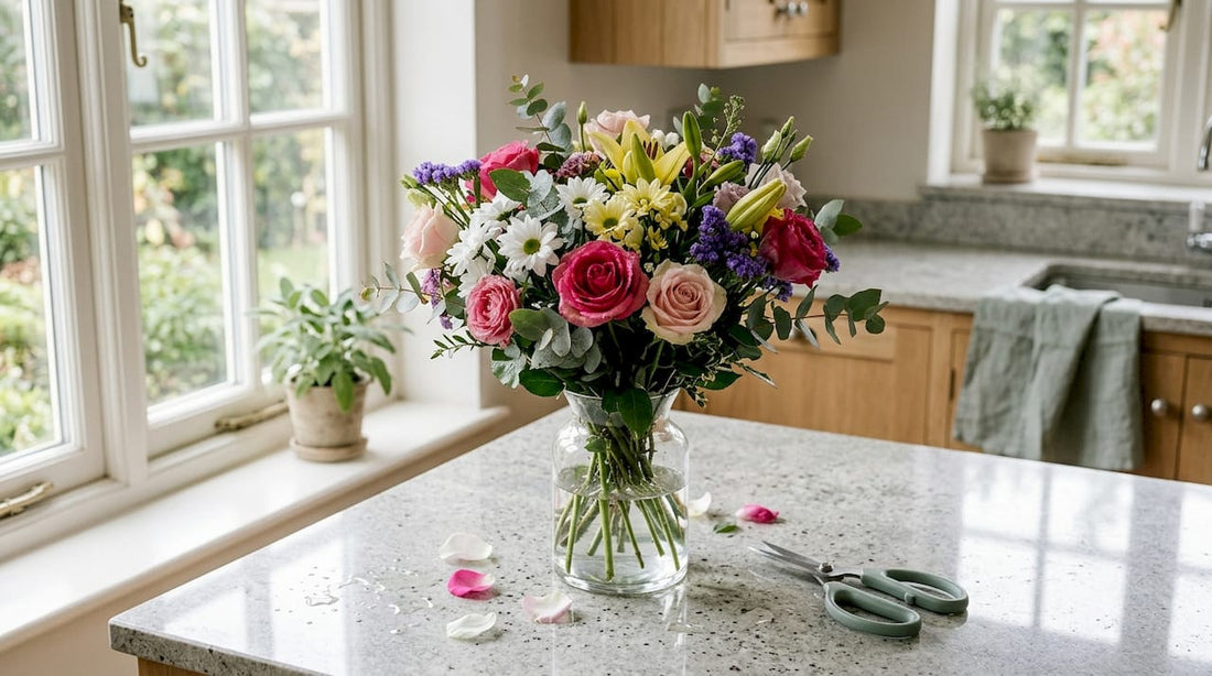 Fresh vibrant cut flower bouquet on table