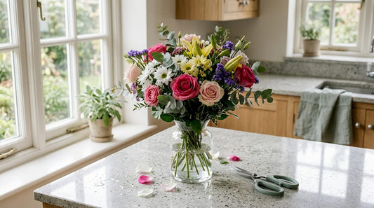 Fresh vibrant cut flower bouquet on table