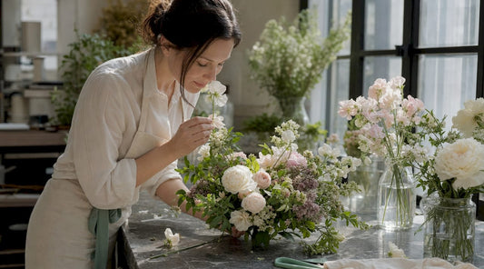 Florist arranging fragrant luxury bouquet indoors