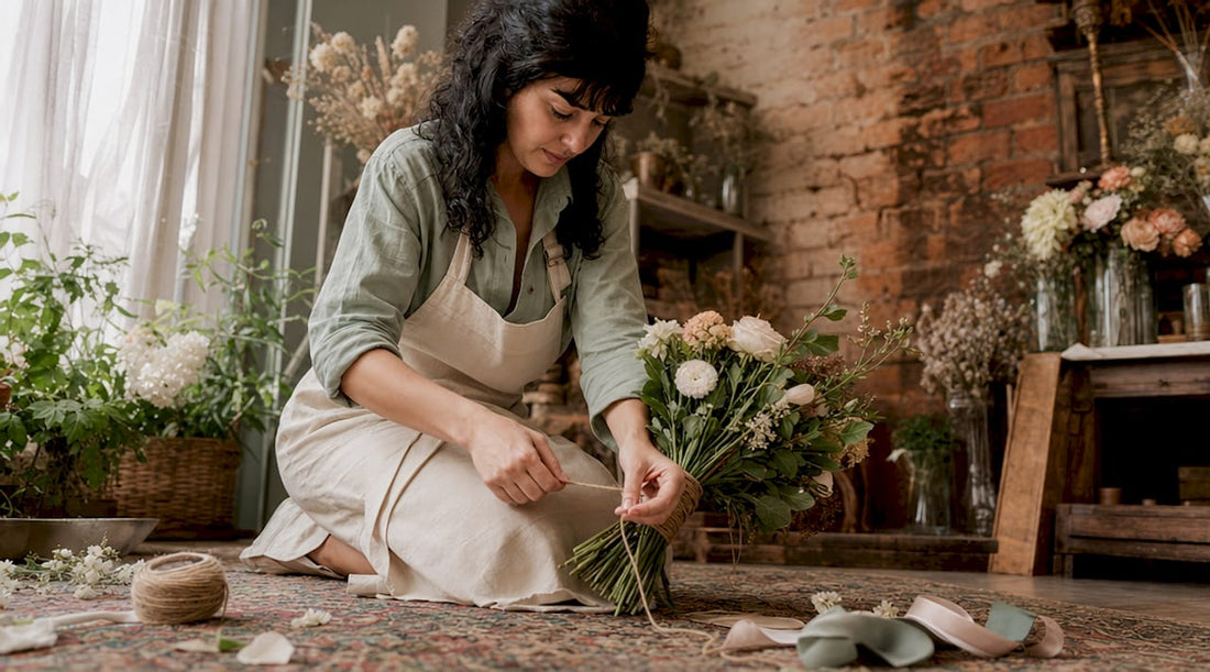 Florist hand-tying a spiral bouquet