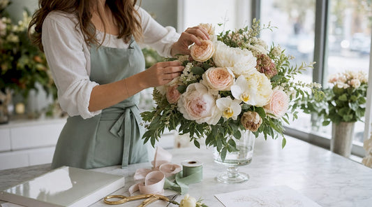 Florist arranging luxury flower bouquet