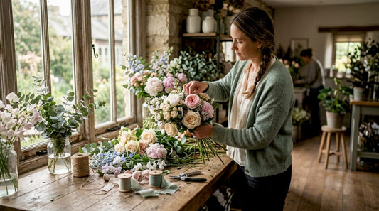 Florist arranging elegant bouquet in studio