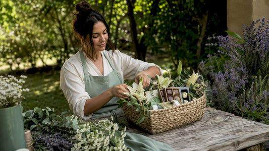 Florist arranging floral gift hamper in shop
