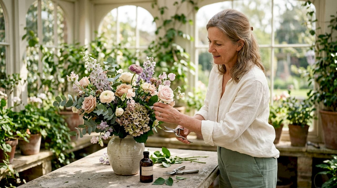 Woman caring for luxury flower arrangement at home
