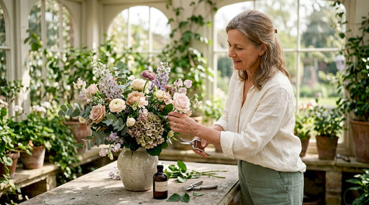 Woman caring for luxury flower arrangement at home