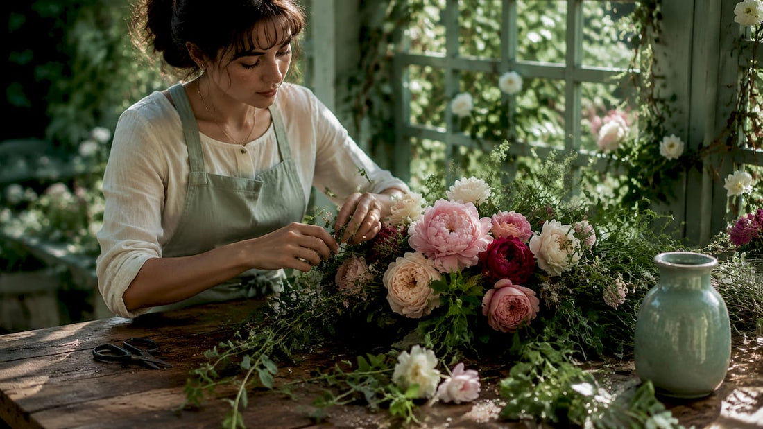 Florist arranging fresh mixed bouquet at table