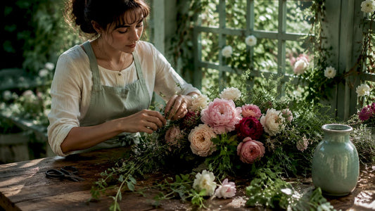 Florist arranging fresh mixed bouquet at table