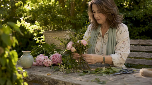 Woman arranging colorful anniversary bouquet