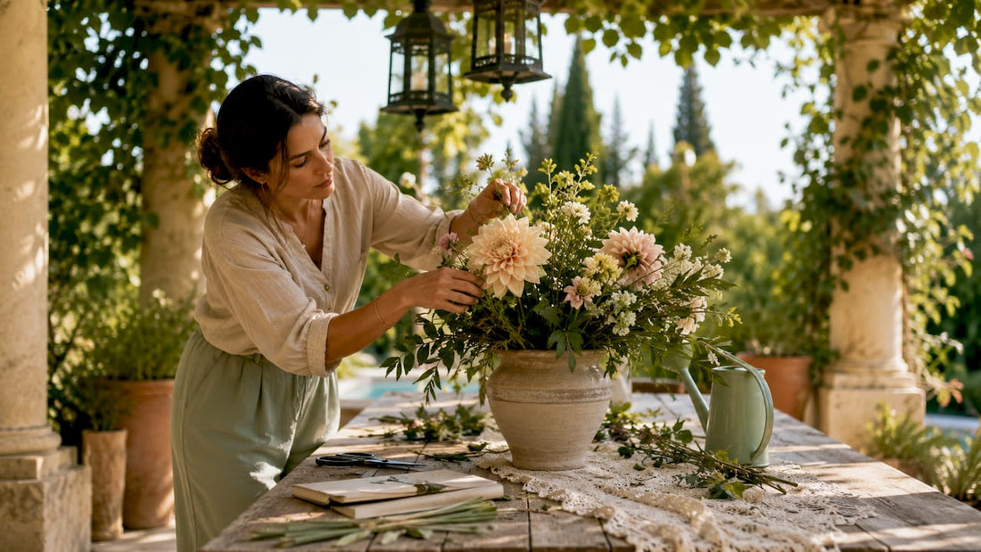 Event designer arranging floral centrepiece at banquet table