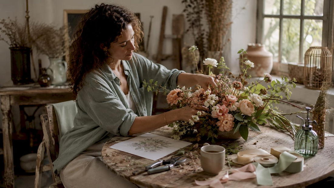 Floral event planner arranging centerpiece in studio