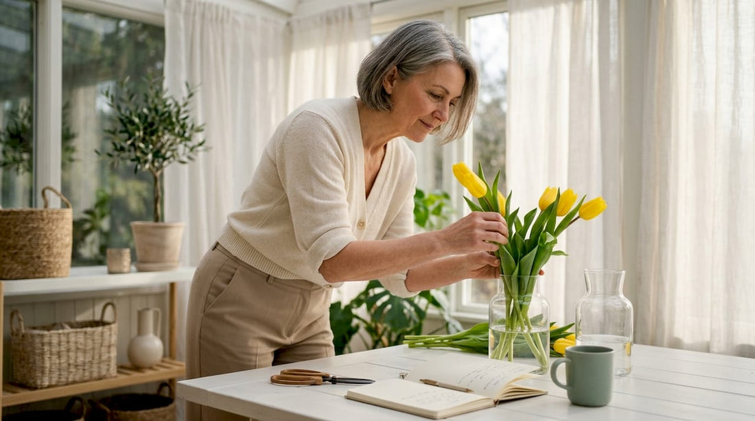 Woman arranging appreciation flowers indoors