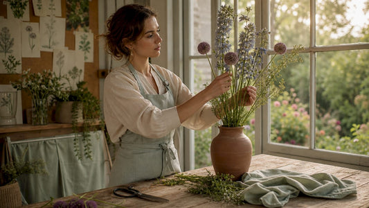 Floral designer arranging sculptural flowers in studio