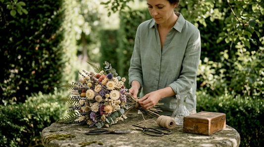 Woman arranging everlasting bouquet at wooden table