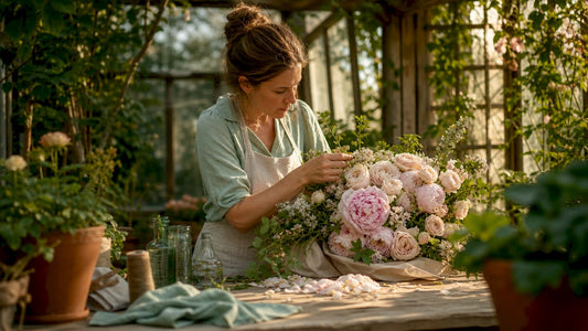 Florist arranging luxury bouquet in floral studio