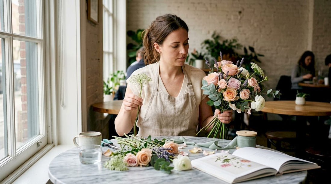 Florist arranging elegant pastel bouquet