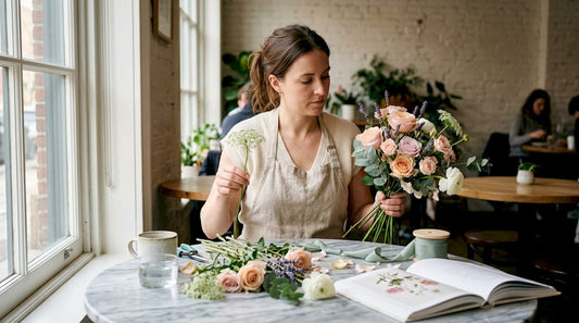 Florist arranging elegant pastel bouquet