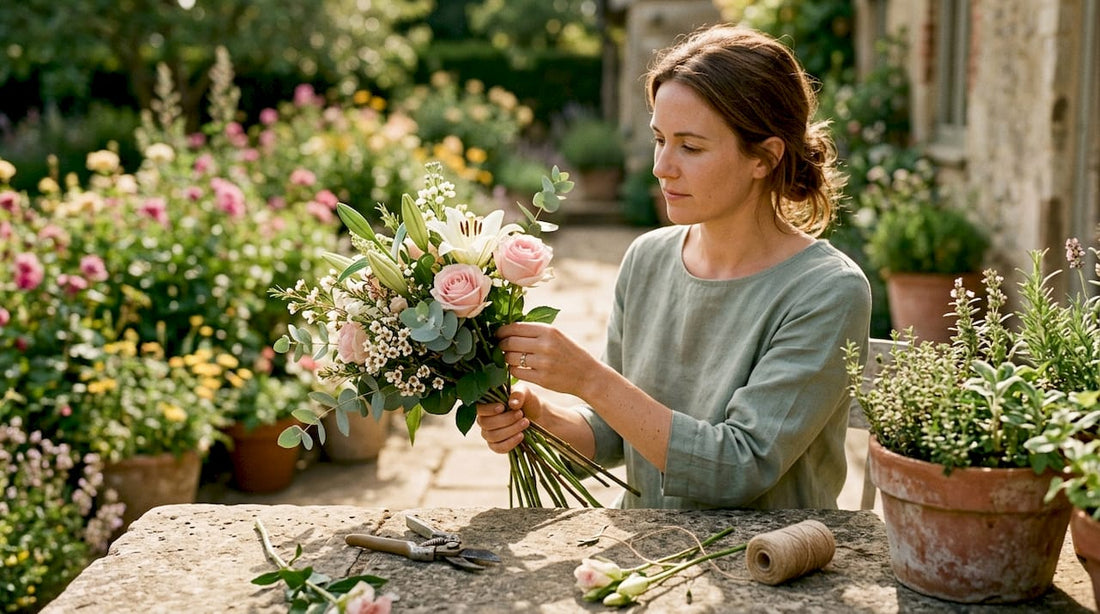Florist arranging colorful anniversary bouquet