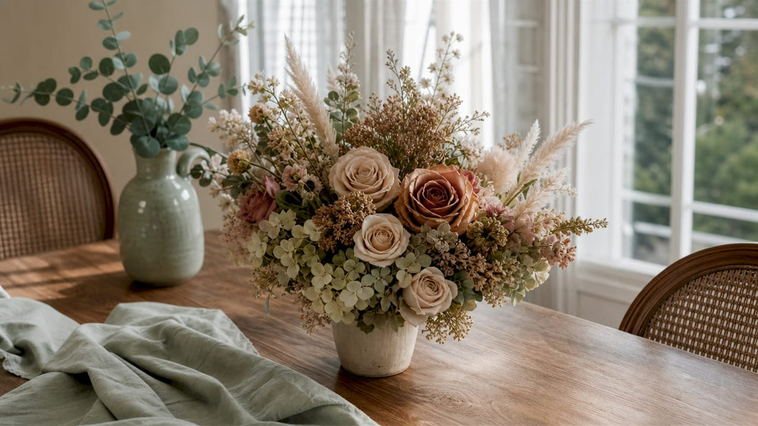 Close-up preserved flower bouquet on wooden table