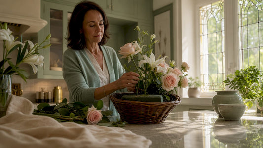 Woman arranging sympathy flower basket at home
