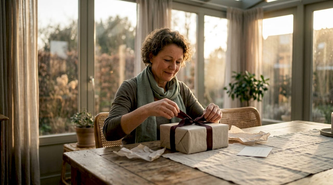 Woman unwrapping premium gift at home kitchen table
