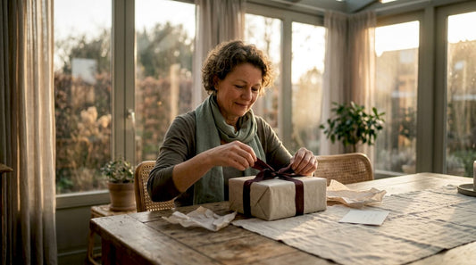 Woman unwrapping premium gift at home kitchen table
