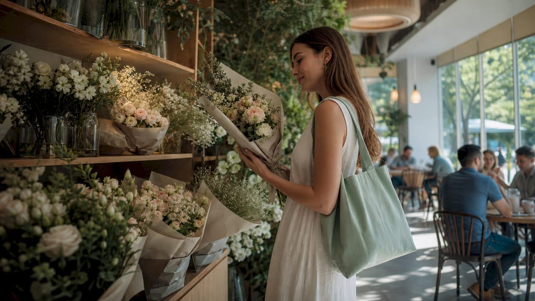 Woman choosing hand-tied bouquet in flower shop
