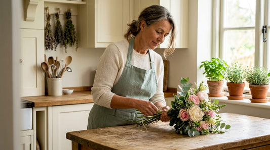 Woman arranging elegant thank you flower bouquet