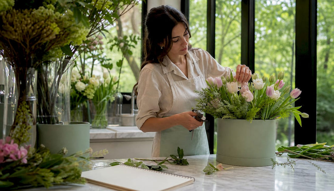 Florist arranging luxury designer flower box in shop