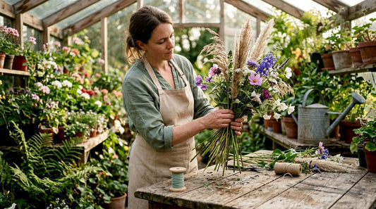 Florist arranging contemporary asymmetrical bouquet