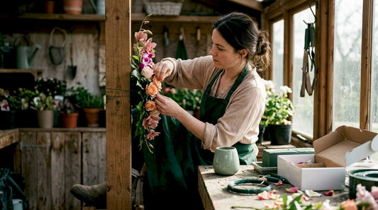 Florist assembling floral art installation in greenhouse