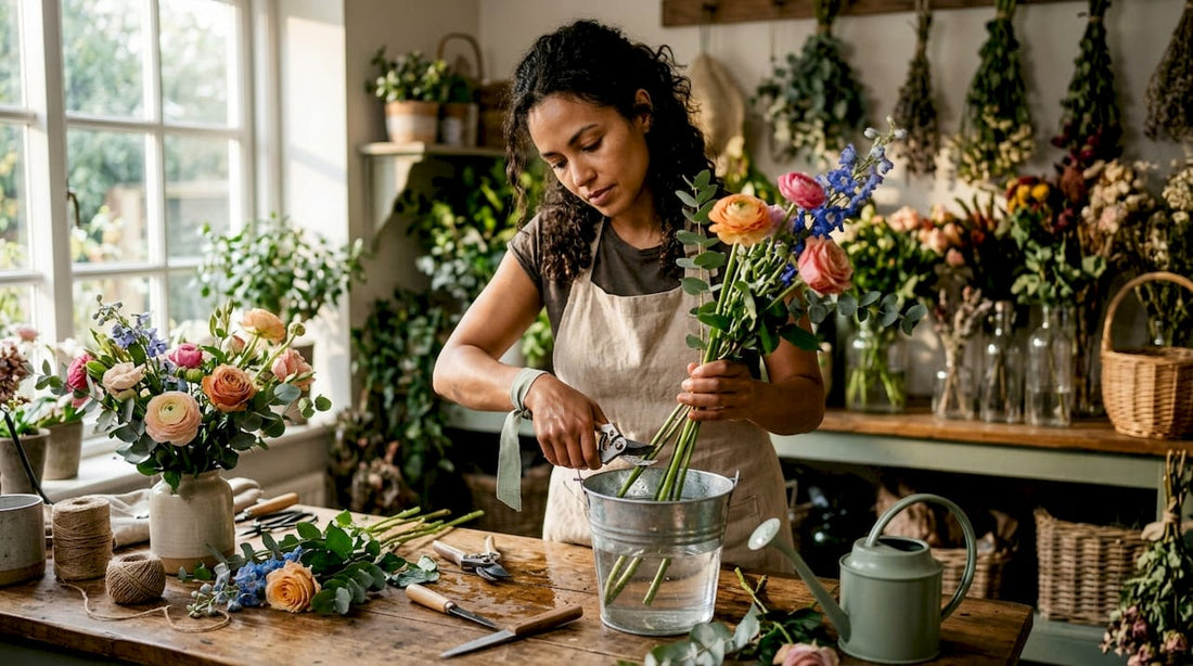 Florist conditioning fresh flowers for bouquet