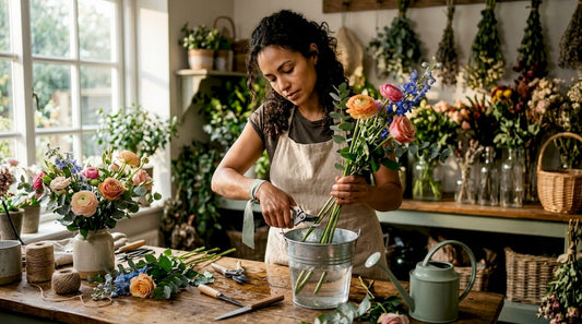 Florist conditioning fresh flowers for bouquet